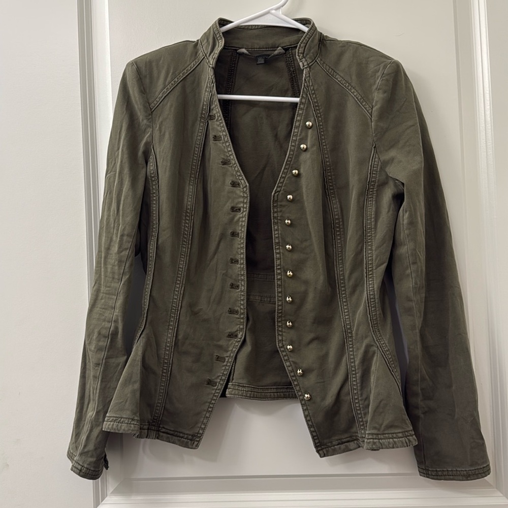 Shaped Peplum Olive Green Denim Military-Style Jacket – Size 2